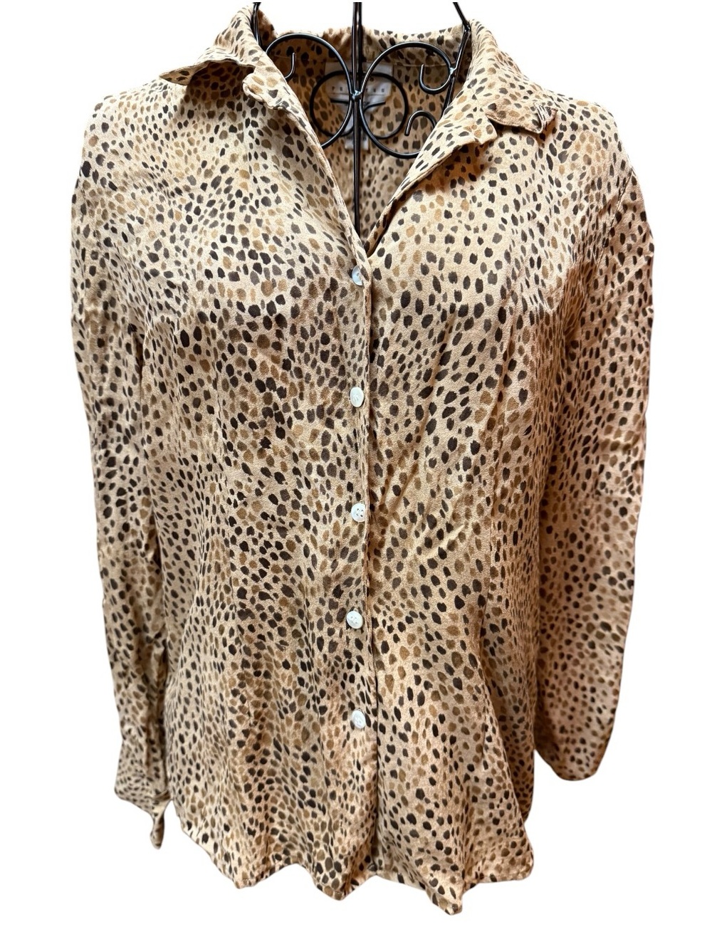 VTG Talbots Petites 100% Silk Beige Brown Leopard-Print Button-Down Shirt